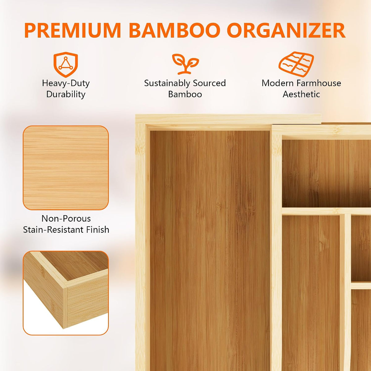 Expandable Bamboo Drawer Organizer Cutlery 7-9 Slots Natural