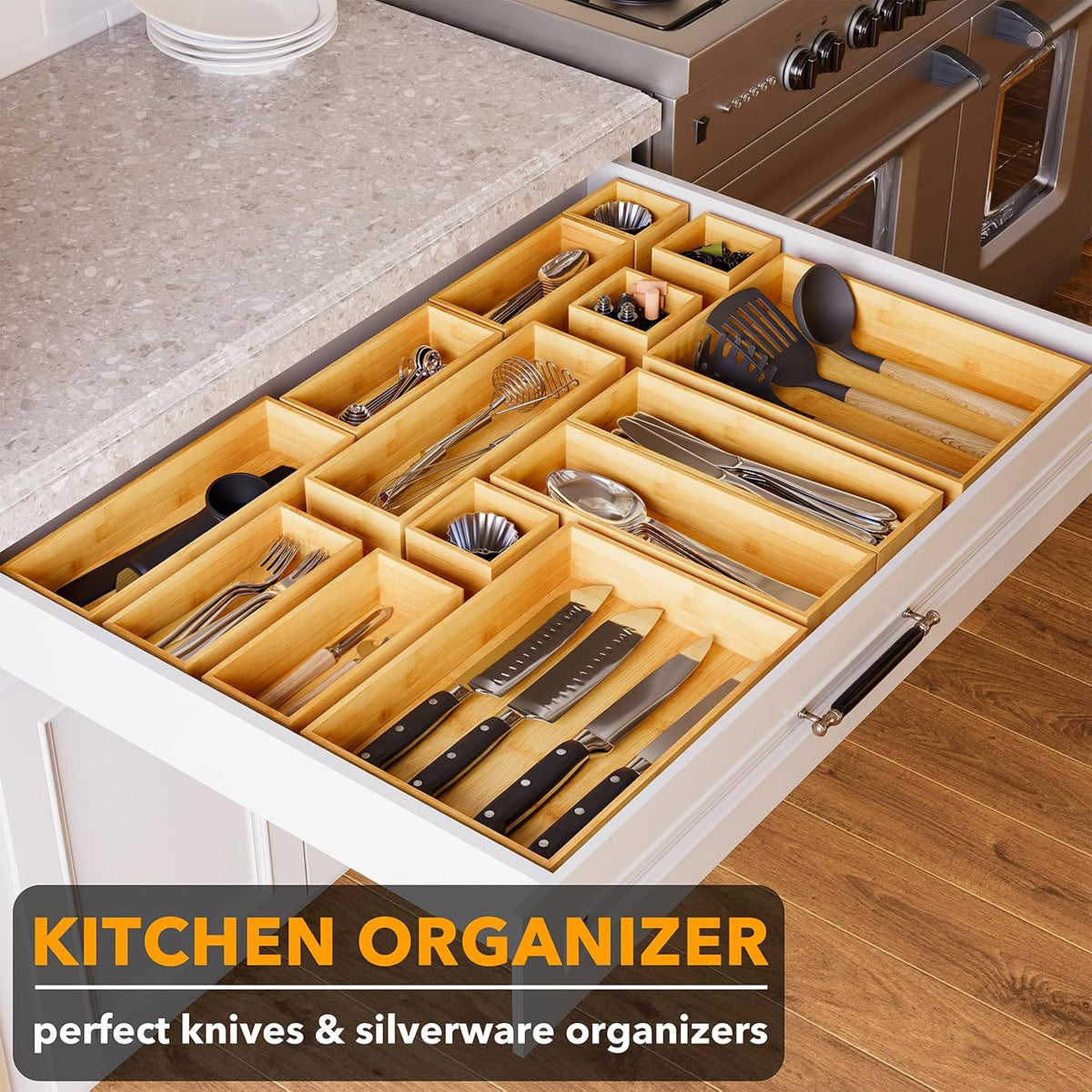 SpaceAid 14-Piece Bamboo Drawer Organizer Storage Boxes Set, Wood Tray Junk D...