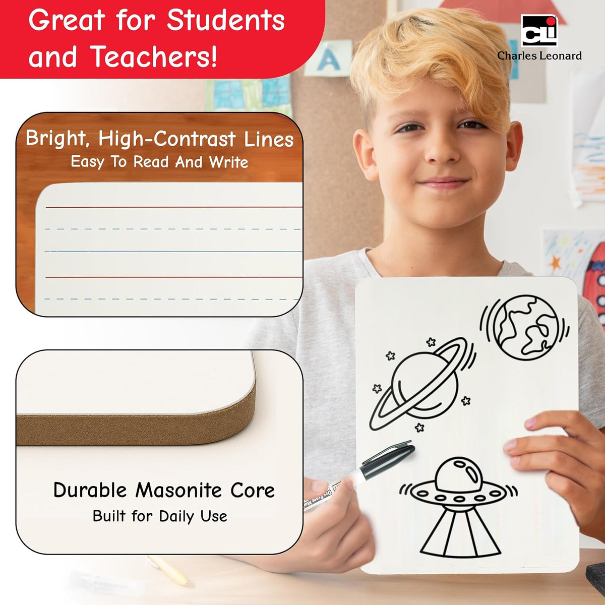 Charles Leonard Dual-Side Mini Dry Erase Boards, Classroom Pack of 12