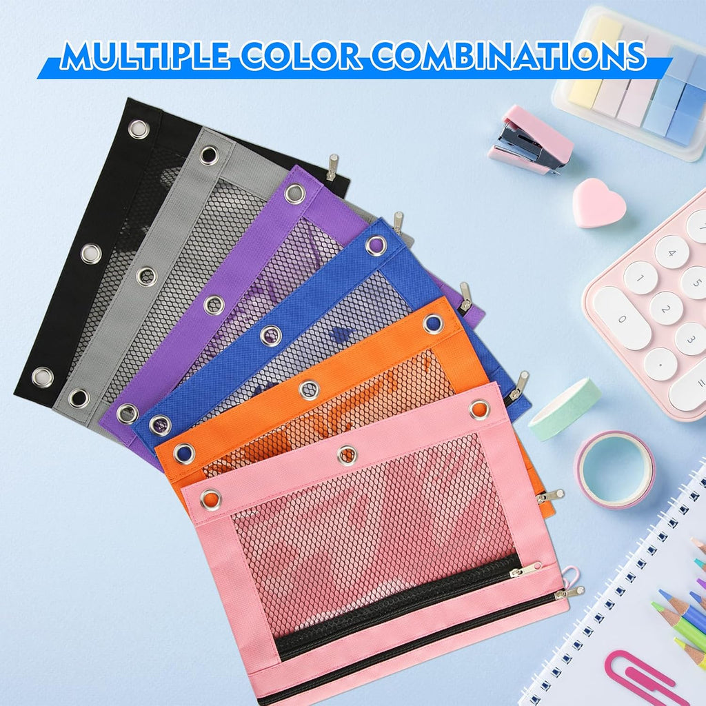 Pencil Pouch for 3 Ring Binder - 3 Pack Zippered Pencil Pouches with Transparent Mesh Window| Binder Pouch with Smooth Zippers| Zippered Pencil Bag for School Office Students, Black+Grey+Pink