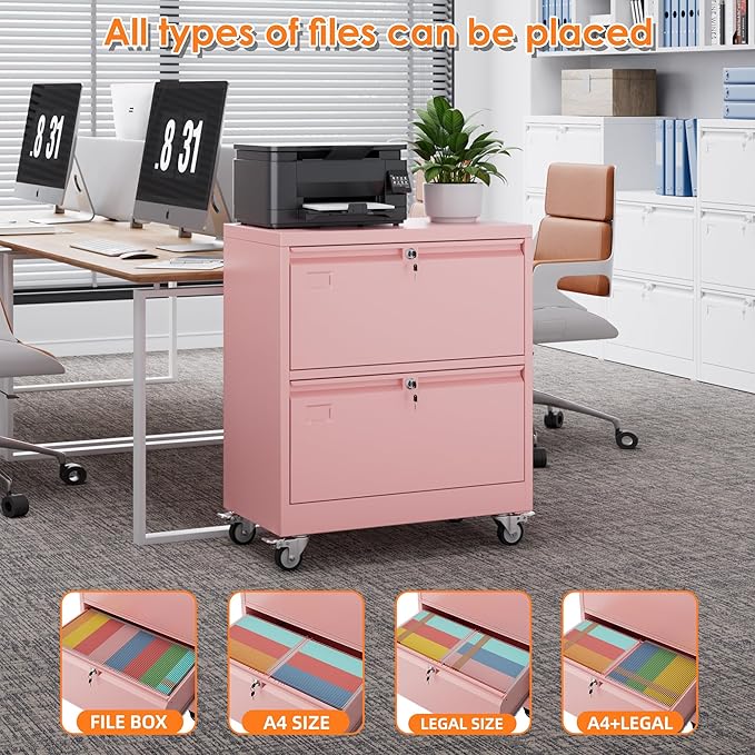METAN Upgrade 2 Drawers Lateral File Cabinet on Wheels, Steel Office Filing - Image 4