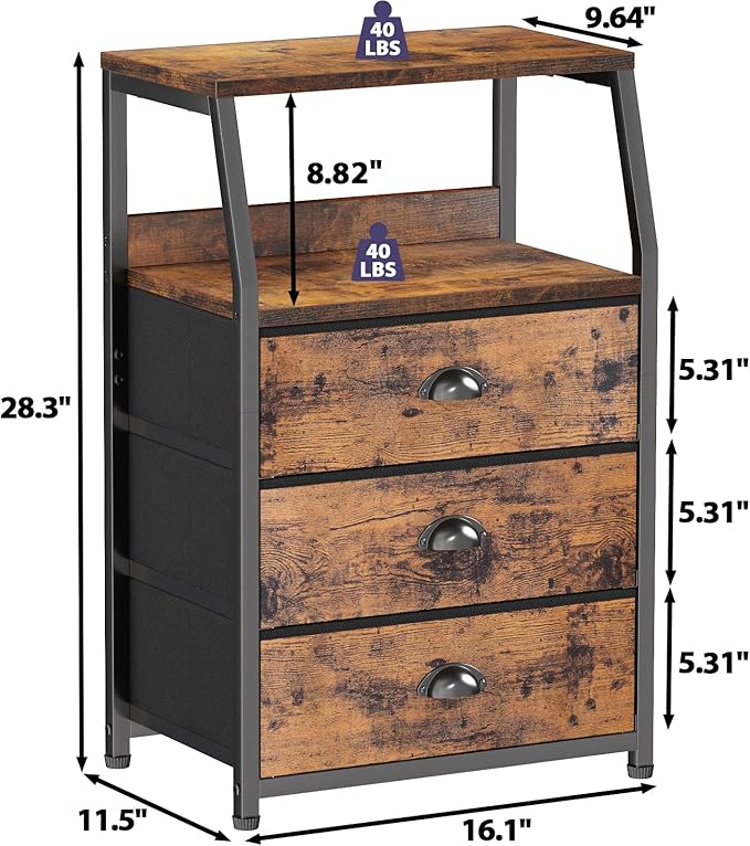 Furnulem Nightstand with 3 Drawers and 2-Tier Shelf, Fabric Small Dresser - Image 3