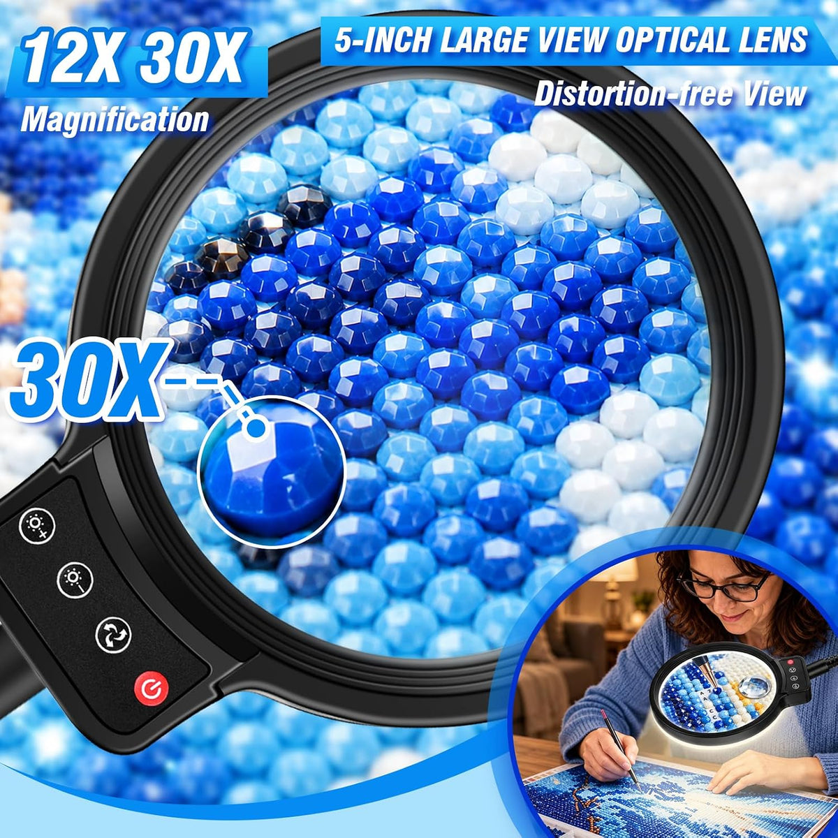 30X 12X Magnifying Glass with Light and Stand, 5-Inch Optical Grade HD Lens