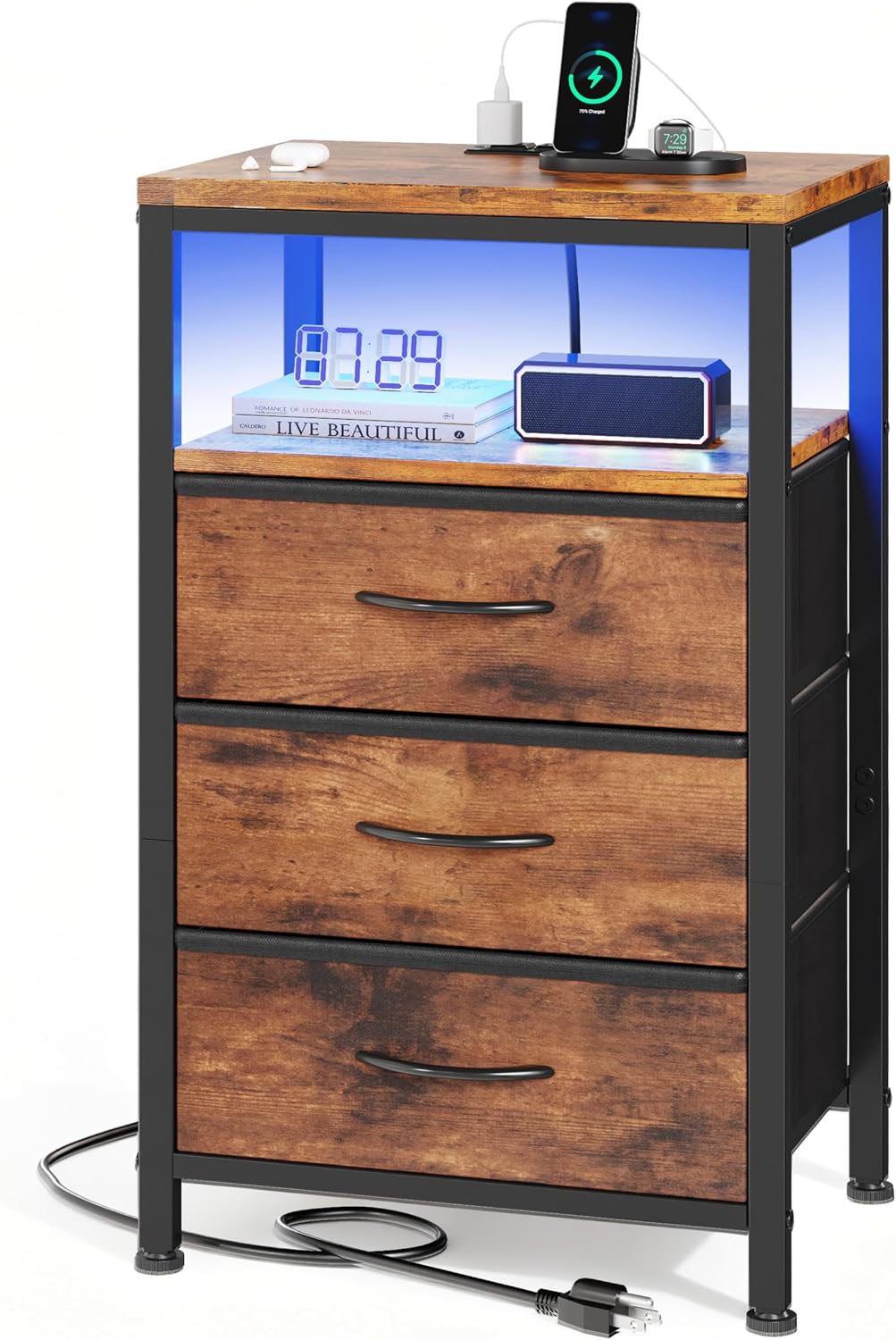 OLIXIS Nightstand with Charging Station, 3 Fabric Drawers Bedside Table