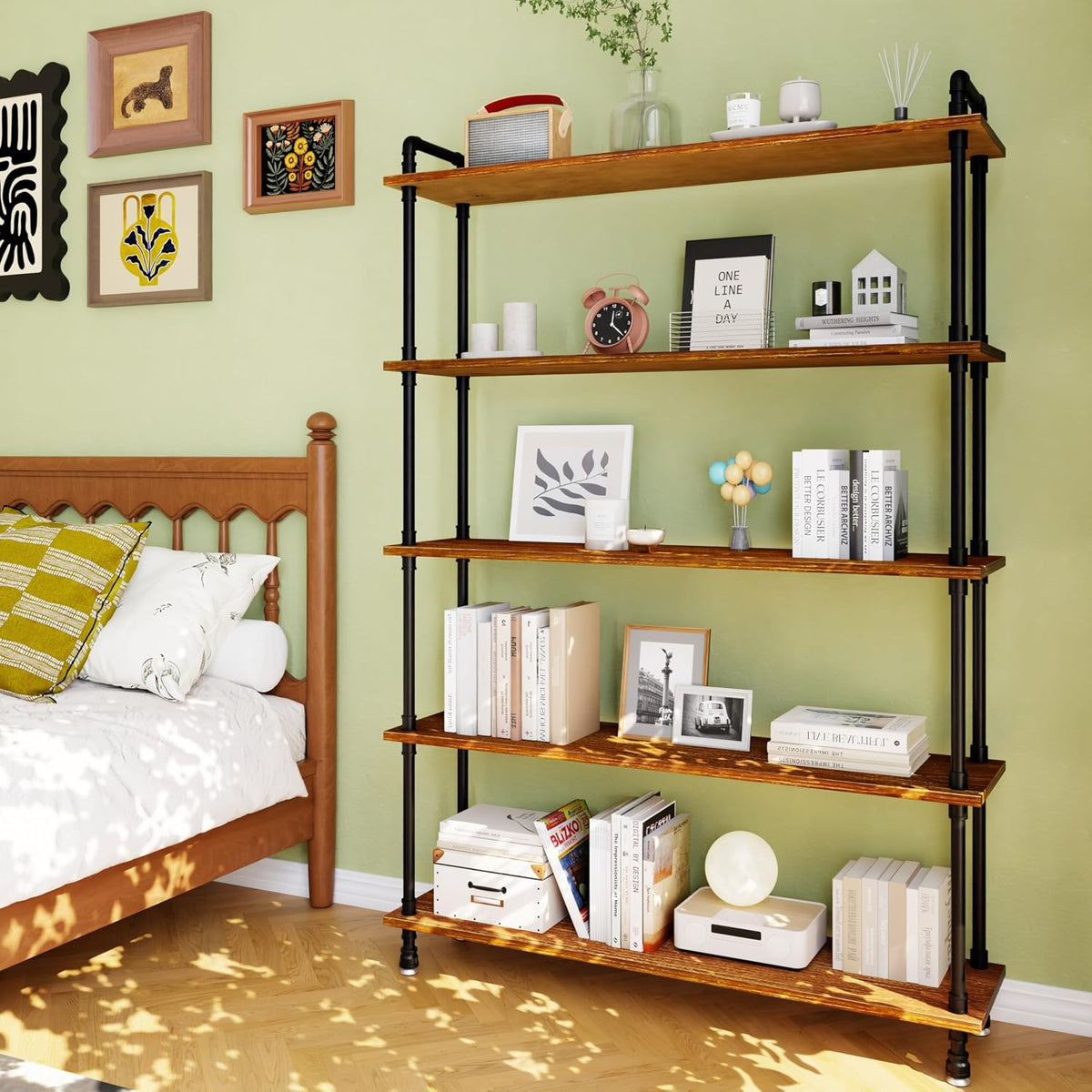 Industrial Bookshelf, Pipe Shelf Bookcase, 5 Tier, 48" Rustic Brown