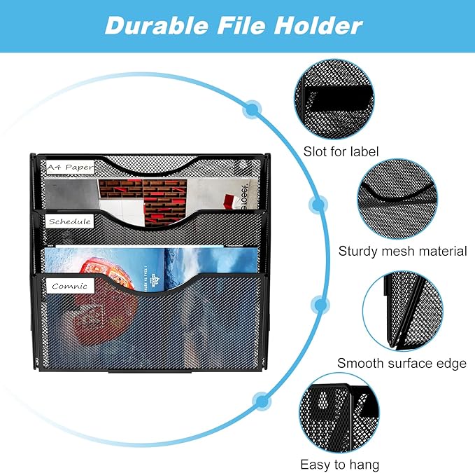 Solinxe Wall Hanging File Holder 3 Tier Wall Mounted Paper Organizer Magazine - Image 4