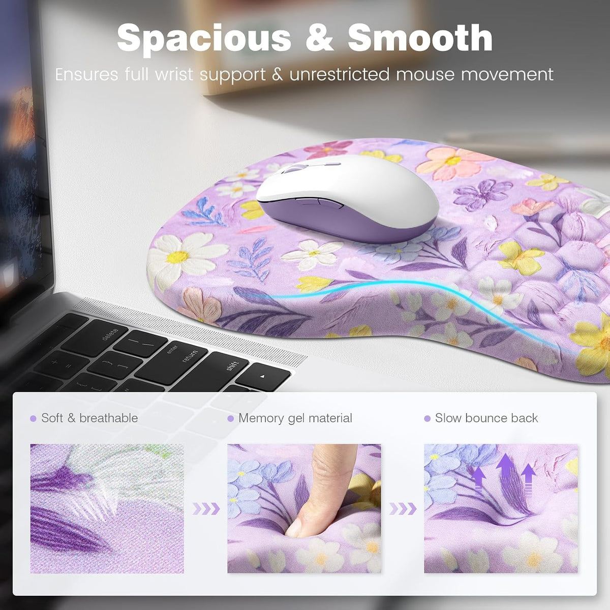 Ospelelf Keyboard Wrist Rest and Mouse Pad Set, Ergonomic Memory Foam Wrist Support, Aesthetic Desk Accessories for Office, Home & Gaming, Relief for Carpal Tunnel & Wrist Pain, Purple Floral