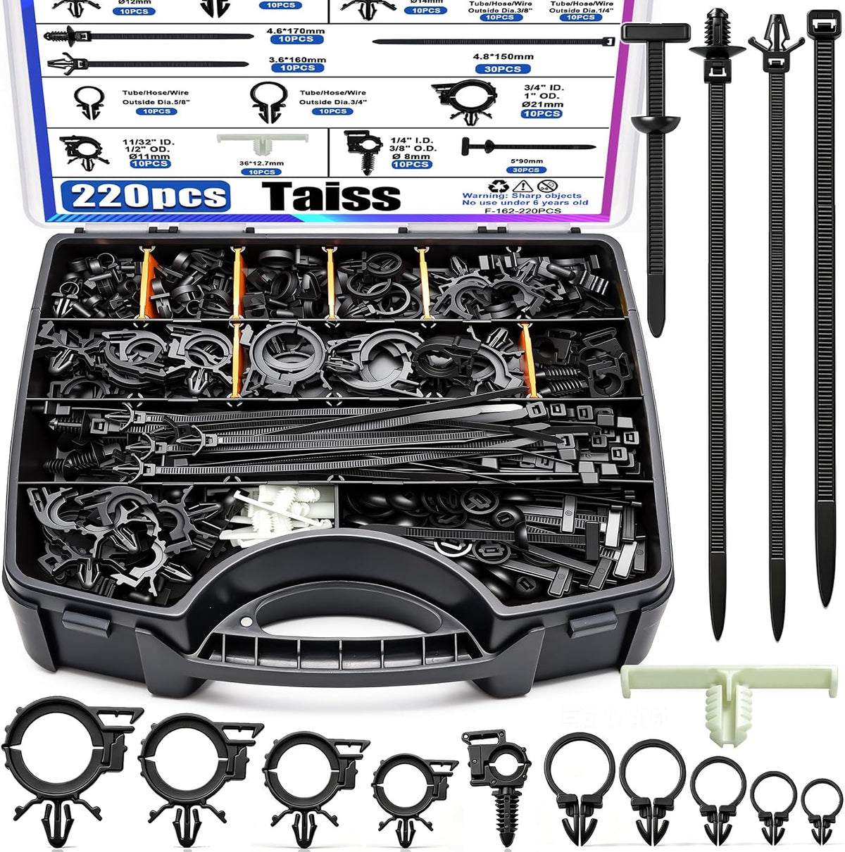 Taiss 220pcs Car Wire Loom Routing Clips,15 Sizes Push Mount Cable Ties