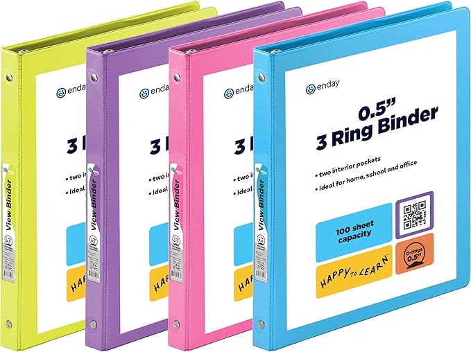 ½ Inch 3 Ring Binder .5 inch Clear View Cover by ENDAY