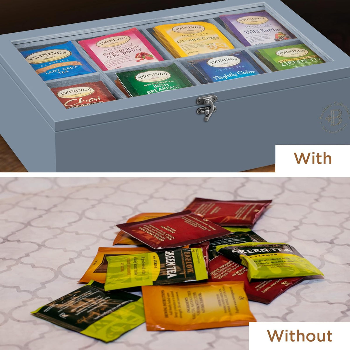 Tea Bag Organizer with Drawer - Gray Bamboo Tea Box Organizer, 8-Compartment ...