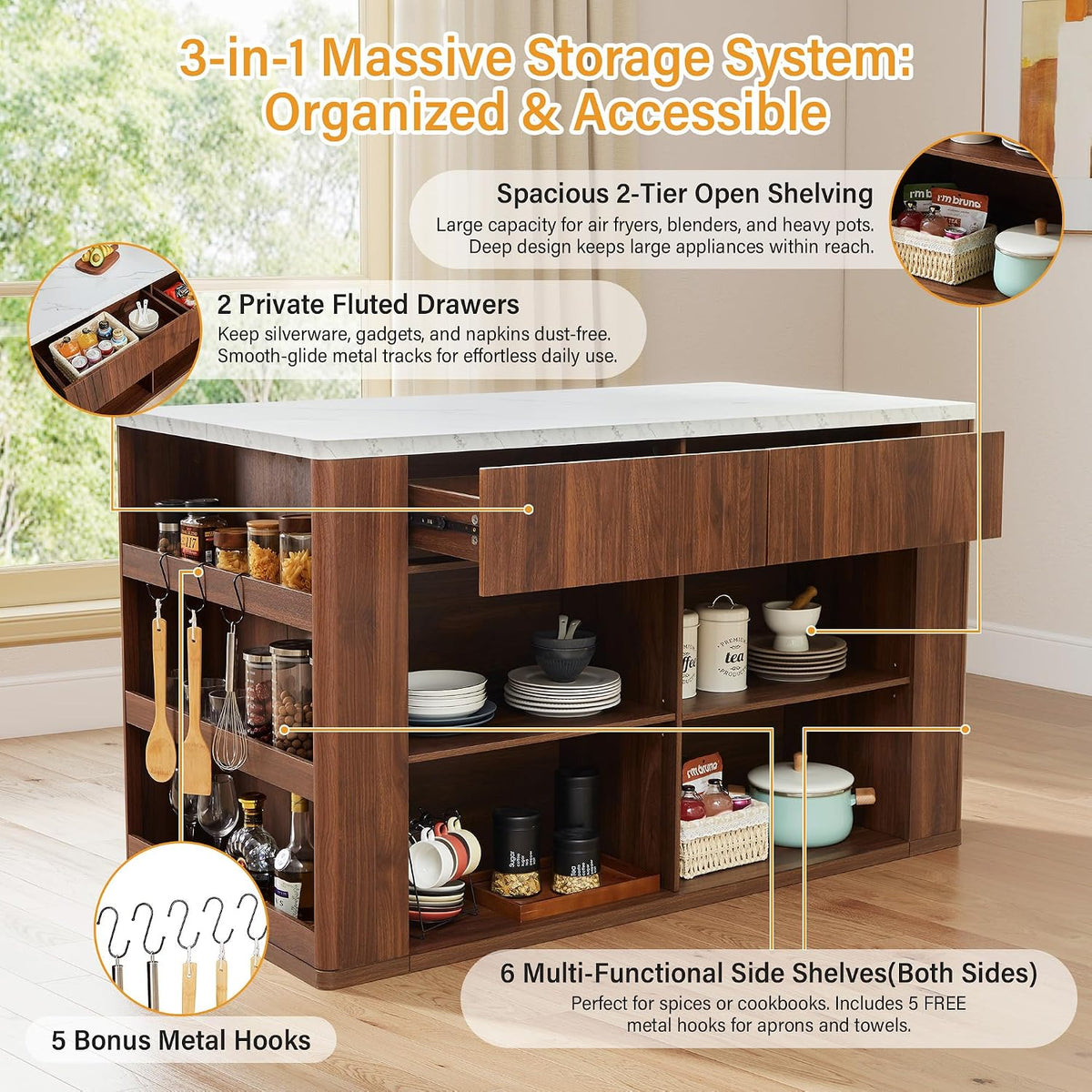 59" Kitchen Island with Storage & Seating for 2, Modern Stationary K...