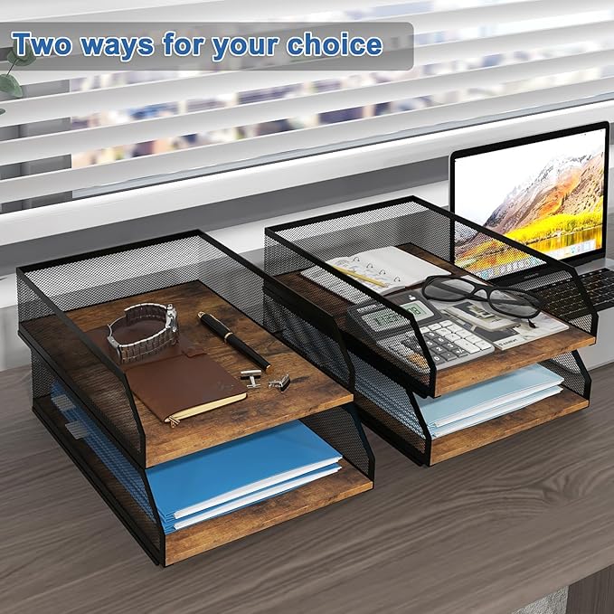 Natwind 2-Tier Stackable Paper Tray, Metal Mesh Desktop Organizer, Wood Board - Image 6
