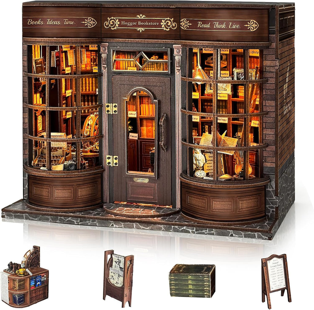 BELEEV Book Nook Kit for Adult and Teens,3D Wooden Puzzle(Hoggor Bookstore) | DIY Miniature Dollhouse Kit with LED Light, Openable Door Booknook Bookshelf Decor Craft, Birthday Gifts for Women Teens
