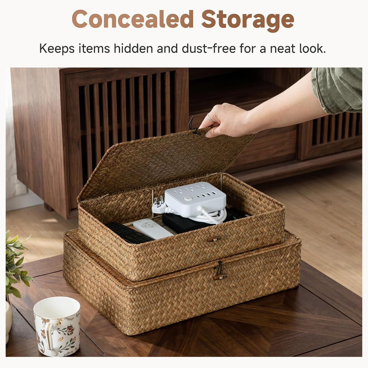 StorageWorks Wicker Basket with Lid, Large Seagrass Storage Basket with Lid