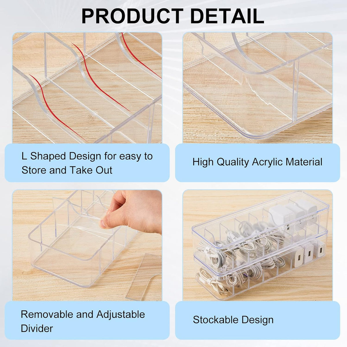 Tatuo Cord Organizer Box with Lid, Clear, 4 Pack