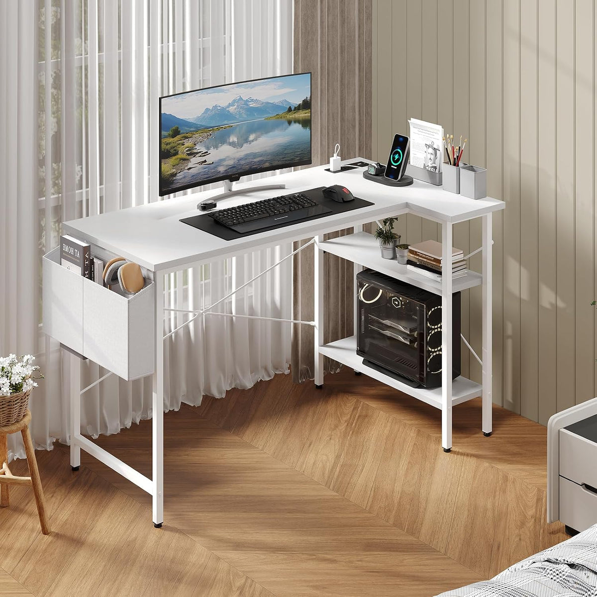 DUMOS Corner Gaming Desk with Power Strip, Storage Shelves and Drawers