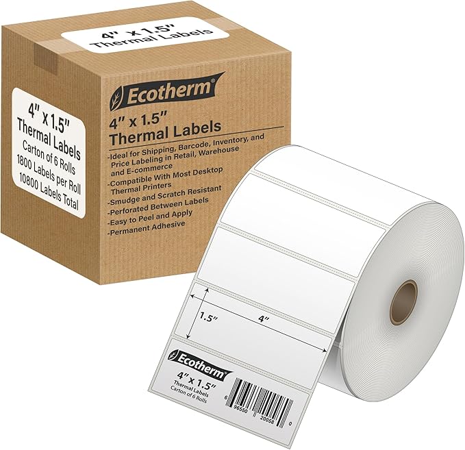 4" x 1.5" Thermal Labels | 6 Rolls | 10800 Labels | fits Zebra, Offnova Thermal by EcothermProducts