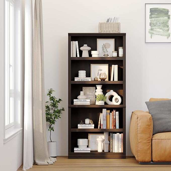 blini 5-Shelf Tall Bookcase Wooden Bookshelves 33in Wide Floor Standing Display - Image 6