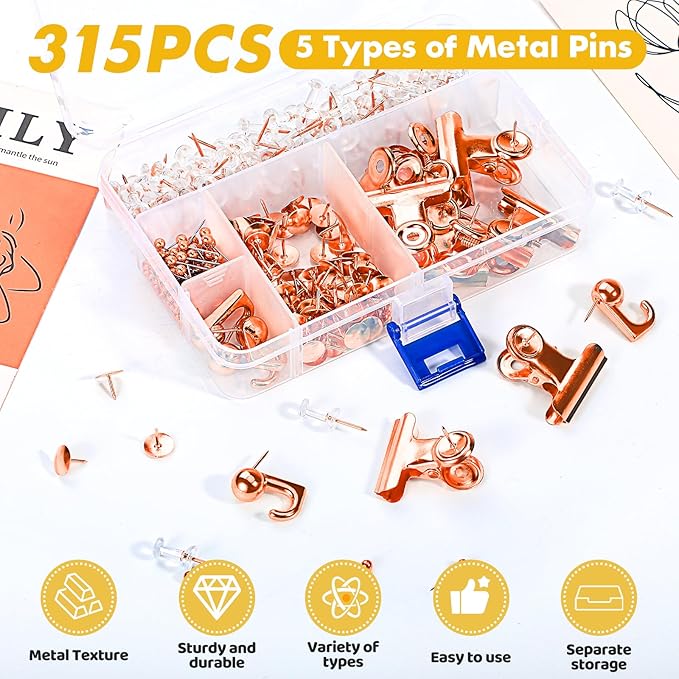 GOOLADA 315Pcs 5 Style Rose Gold Push Pins, Metal Push Pin Hooks, Push Pin Clips - Image 3