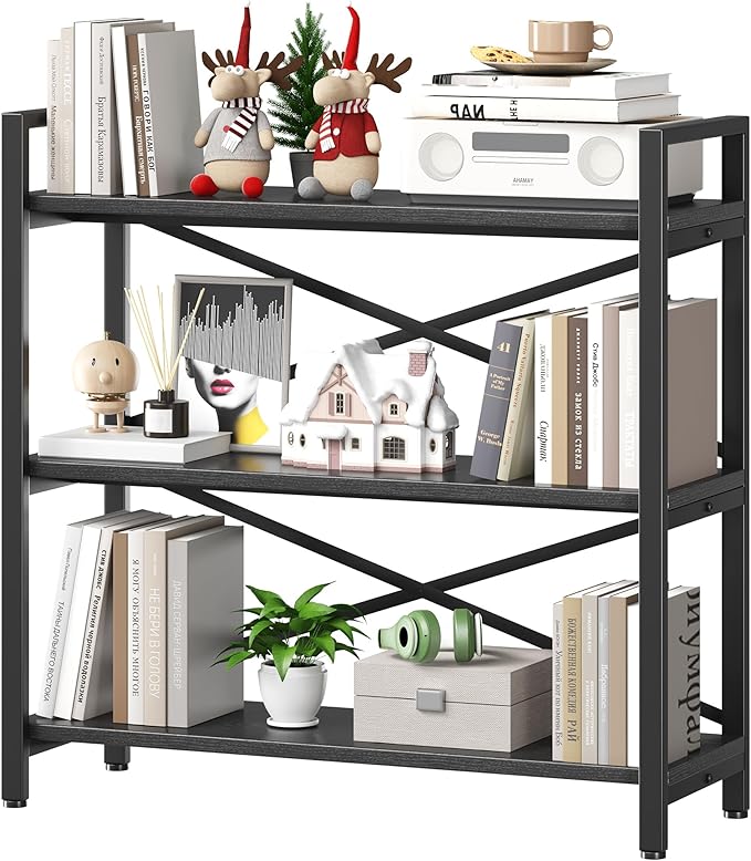 Homeiju 3 Tier Bookshelf 31.49" Width, Wood and Metal Etagere Bookcase by Homeiju