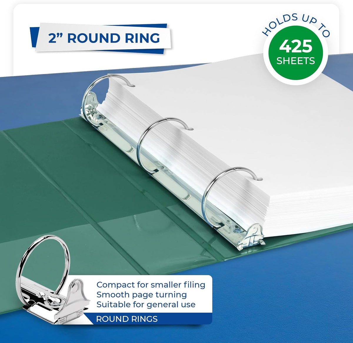 Samsill 2 Inch 3 Ring Binders, Economy Round Ring, Clear View Cover, 425 Sheet Capacity - for School, Home, Office - Green, 12 Pack