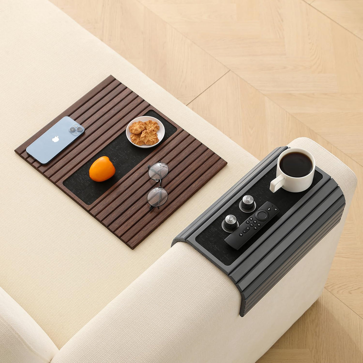 Bamboo Couch Arm Tray Table with Anti-Slip Cork Pad，Foldable Sofa Armrest Tra...