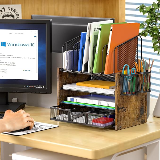4-Tier Mesh Desk Organizer, Wooden Desk File Organizer - Image 4