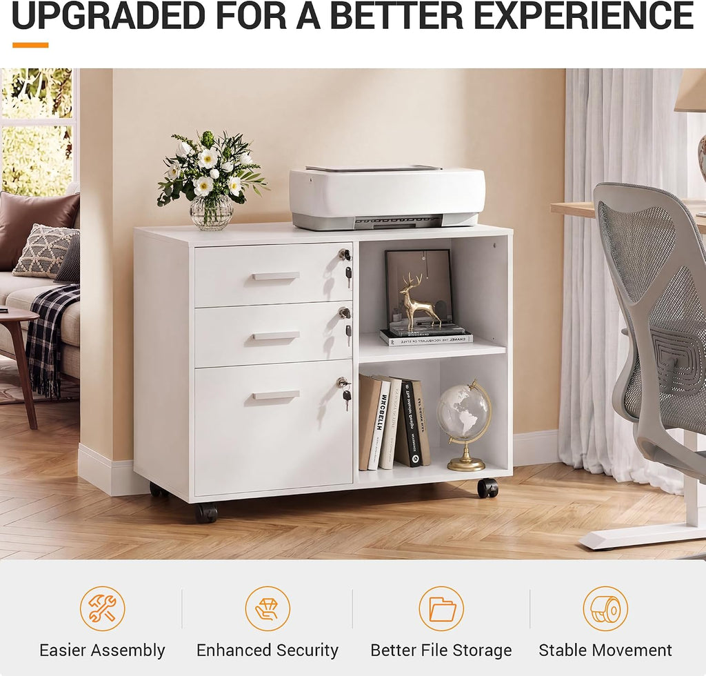 devaise 3-drawer file cabinet with lock, mobile wood, side view