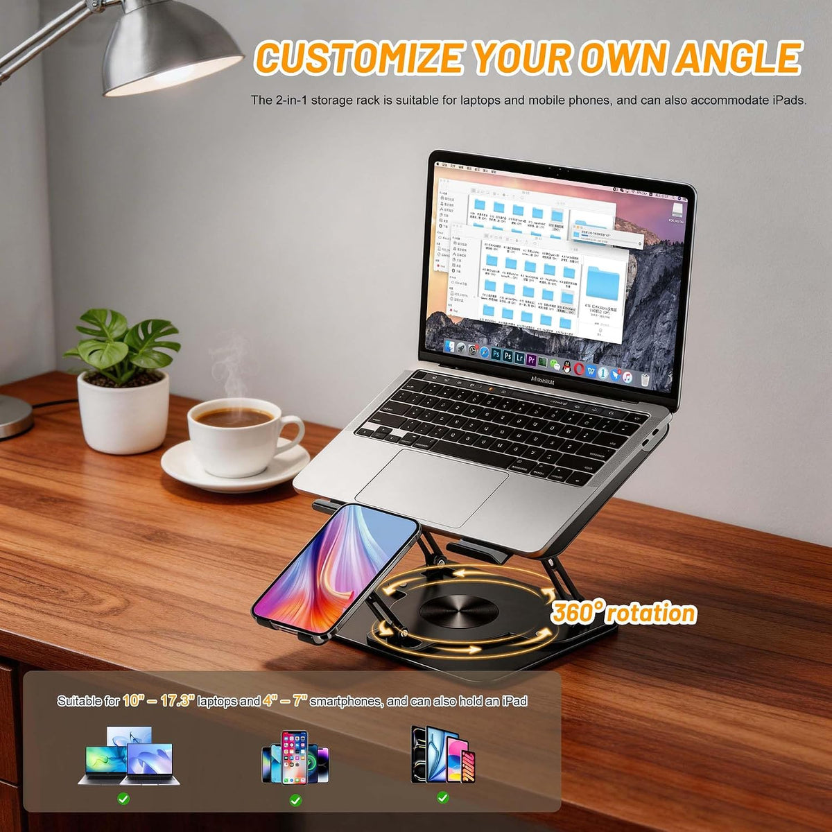 Laptop Stand with 360 Rotating Base,2-in-1 Computer Stand with Phone Holder