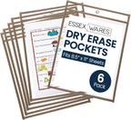 Essex Wares - 6 Pack, Tan Dry Erase Pockets, 10" Wide x 13.5" Tall | Water-Resistant, Dry Erase Pocket Document Protectors, Clear Plastic Sleeves, Reusable & Easy Erase, Job Ticket Holders