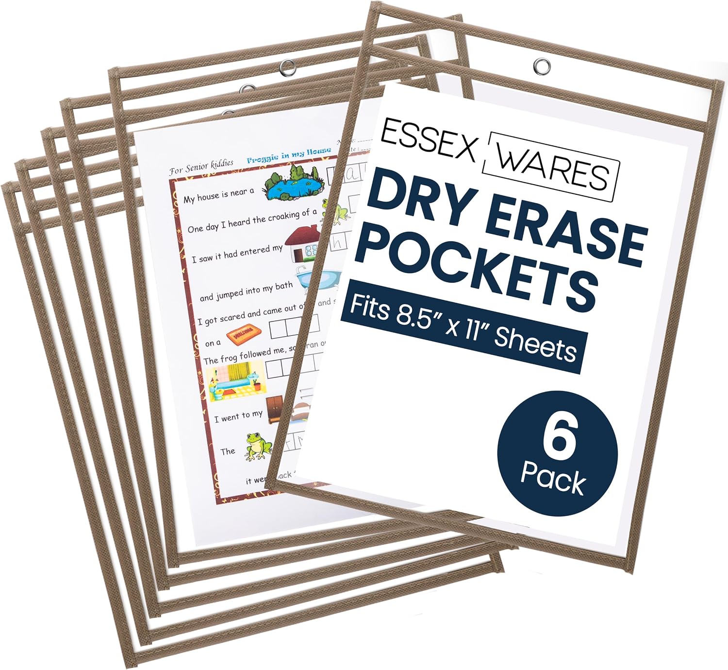 Essex Wares - 6 Pack, Tan Dry Erase Pockets, 10" Wide x 13.5" Tall | Water-Resistant, Dry Erase Pocket Document Protectors, Clear Plastic Sleeves, Reusable & Easy Erase, Job Ticket Holders