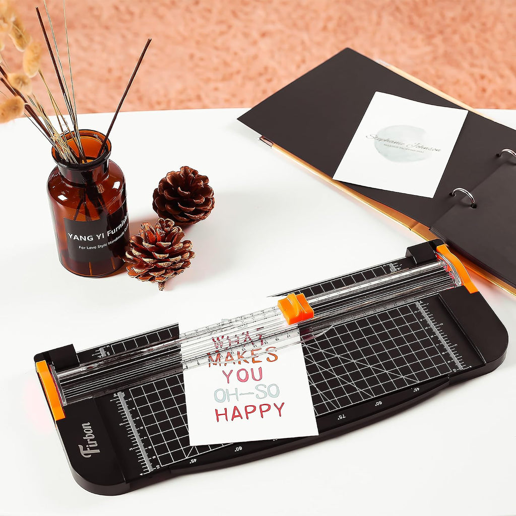 Firbon A4 Paper Cutter, 12 Inch Paper Trimmer with Extened Ruler, Black | 10 Sheet Capacity | CM & Inch Scale | Spring-Loaded Safe Blade | Cuts Cardstock, Vinyl, Coupons, Labels & Scrapbooking Craft