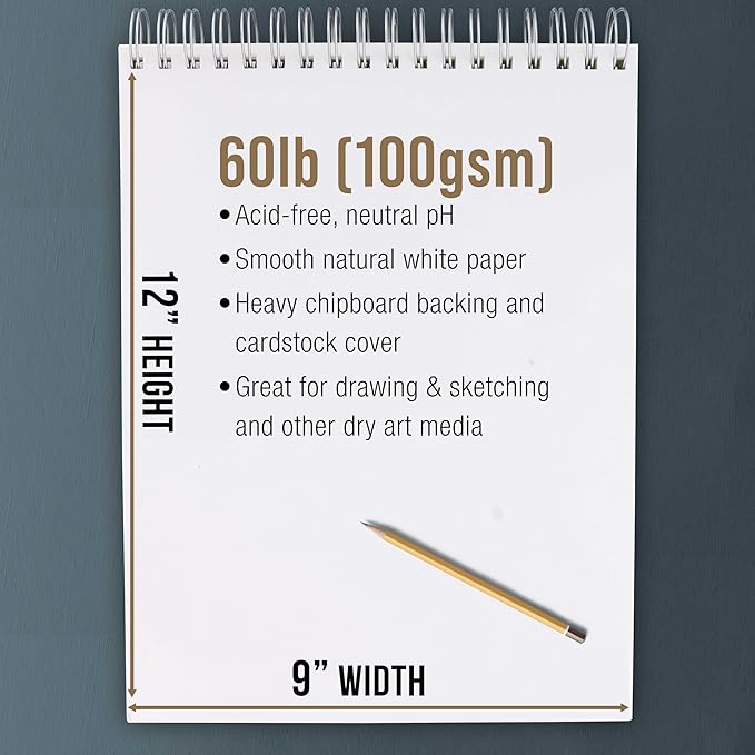 U.S. Art Supply 9"x12" Top Spiral Bound Sketch Book, 2 Pack, 100 Sheets Each - Image 3