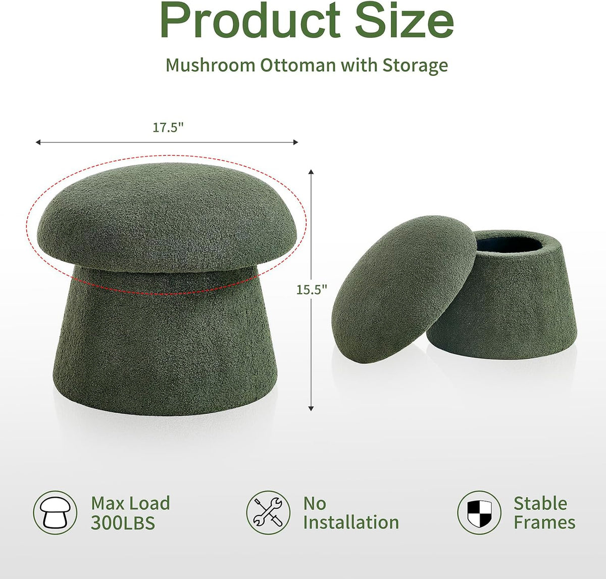 Crestview Collection 15" Mushroom Ottoman with Storage,Dark Green