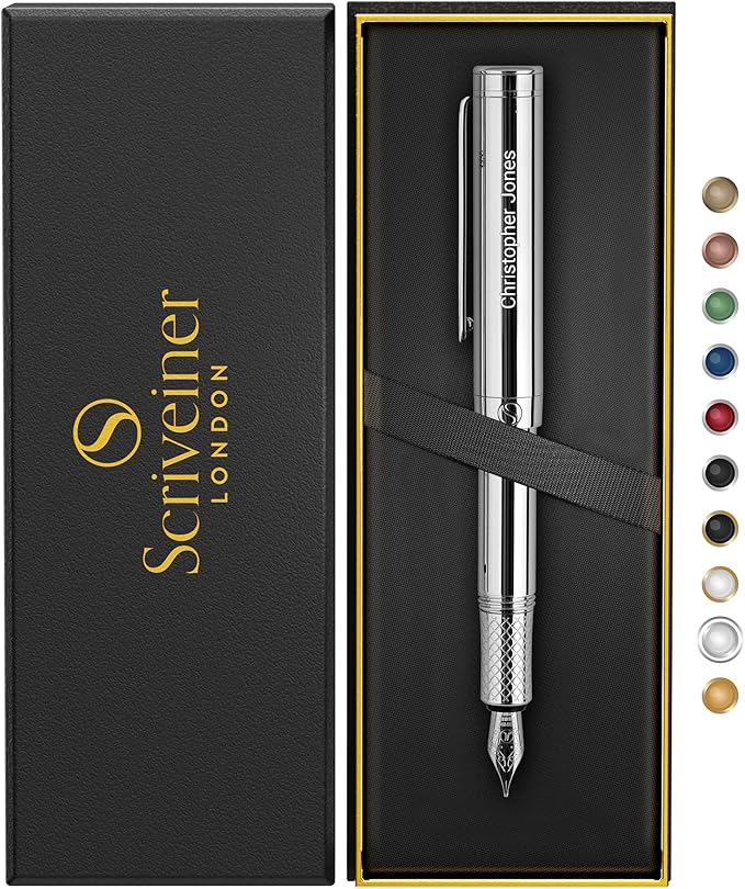 Scriveiner Personalized Silver Chrome Fountain Pen, Award Winning Luxury Pen by Scriveiner