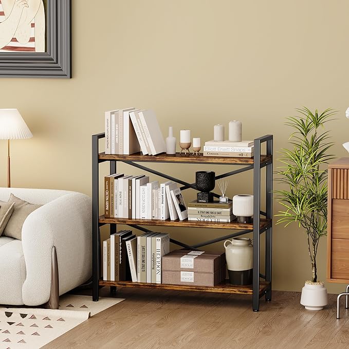 3 Tier Bookshelf 31.49" Width, Wood and Metal Etagere Bookcase, Vintage - Image 7