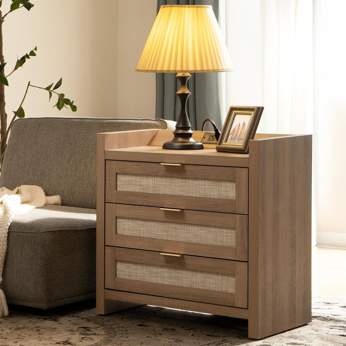 SICOTAS Rattan Nightstand for Bedroom, Bedside Table with 3 Large Drawers