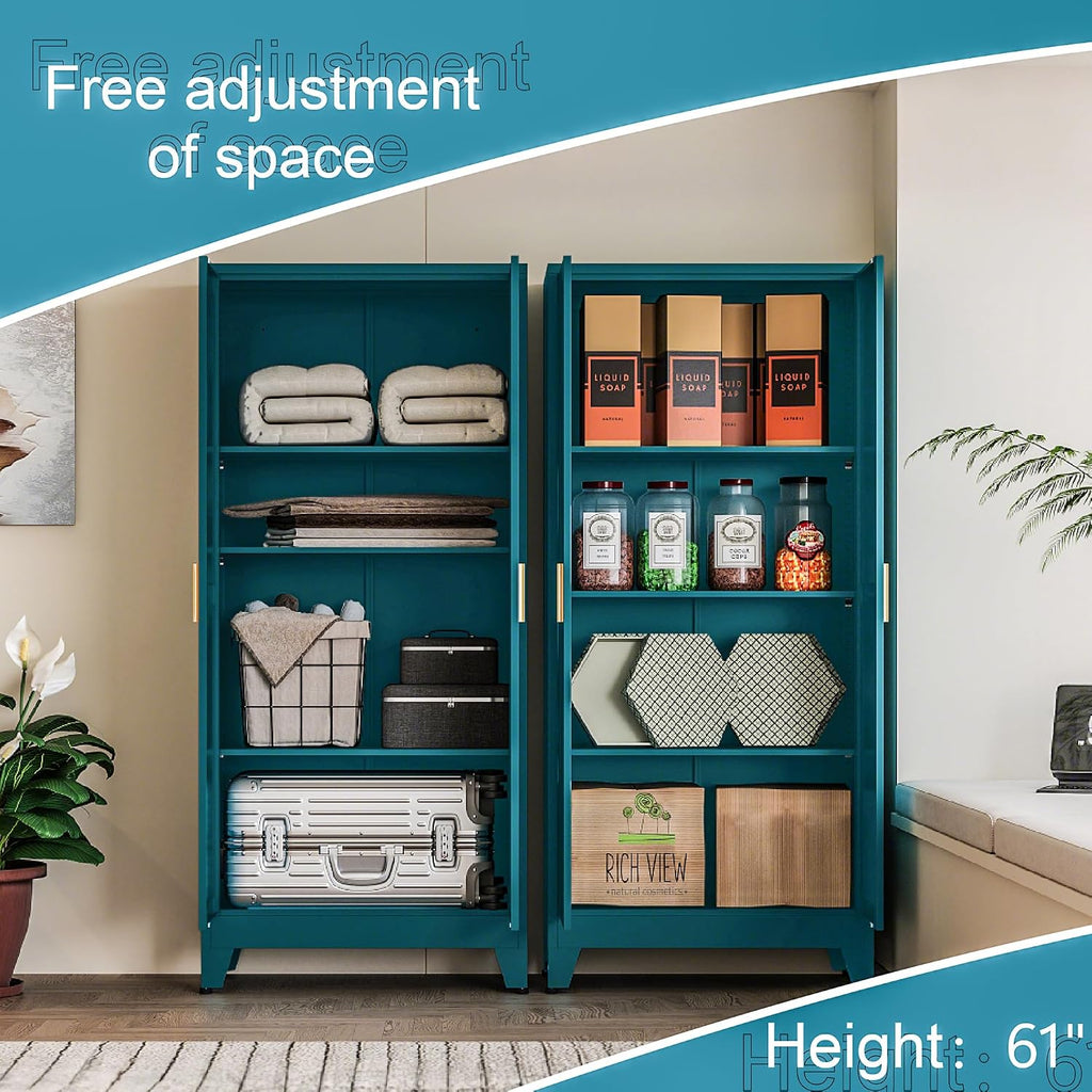 Washsemba 61" Tall Farmhouse Metal Pantry Cabinet, Kitchen Pantry Storage Cabinets with 2 Barn Door and Adjustable Shelves,for Kitchen,Laundry Room,Home Office,Kids Room （Peacock Blue