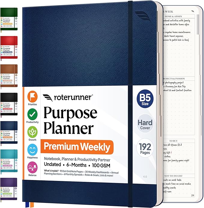Roterunner Purpose Planner Notebook B5 7.5”x9.8” Undated Planner 2026 Daily by Roterunner