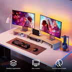 fitueyes dual monitor stand riser, adjustable length and shown in use