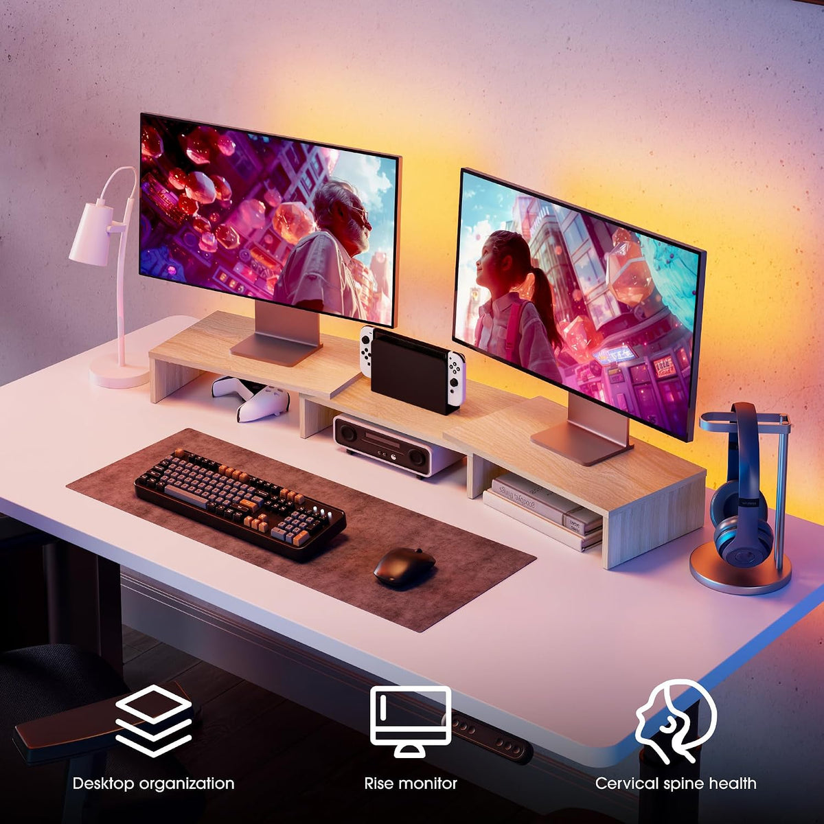fitueyes dual monitor stand riser, adjustable length and shown in use