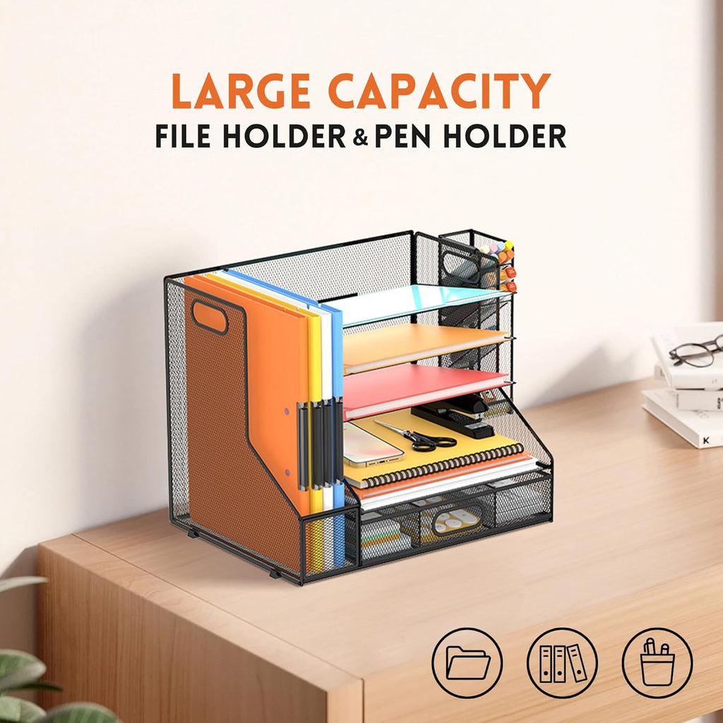 5-tier desk organizer with file holder & pen shown in use