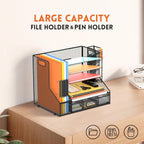 5-tier desk organizer with file holder & pen shown in use