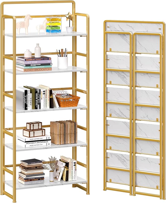 4NM No Assembly 5 Tiers Folding Bookshelf Storage Shelves Vintage Bookcase by 4NM