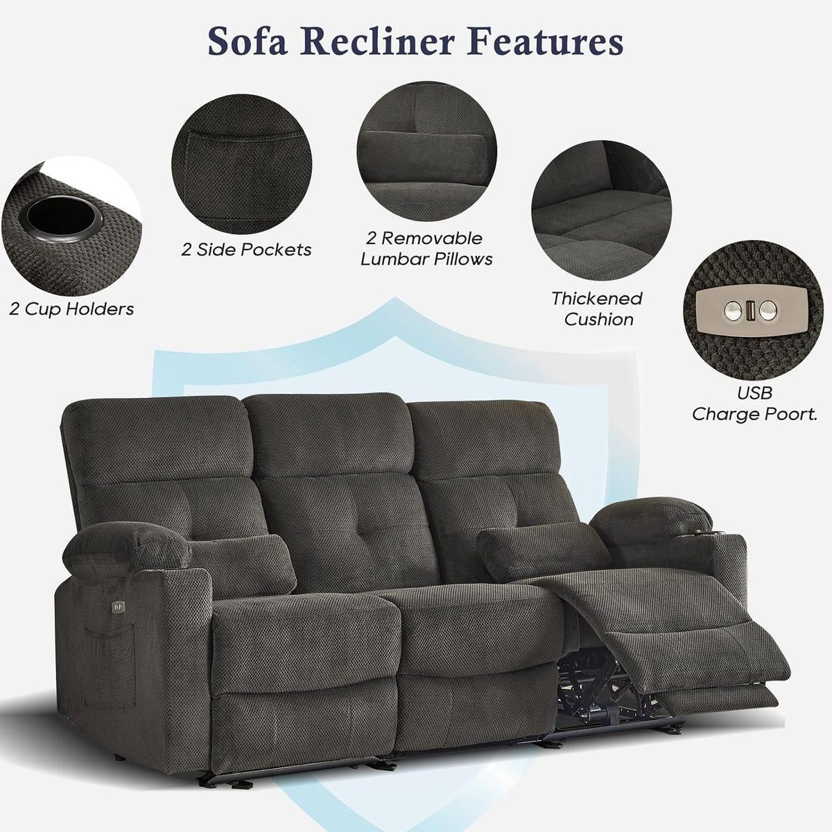 80'' Power Reclining Sofa with Heat and Massage, Electric Reclining C...
