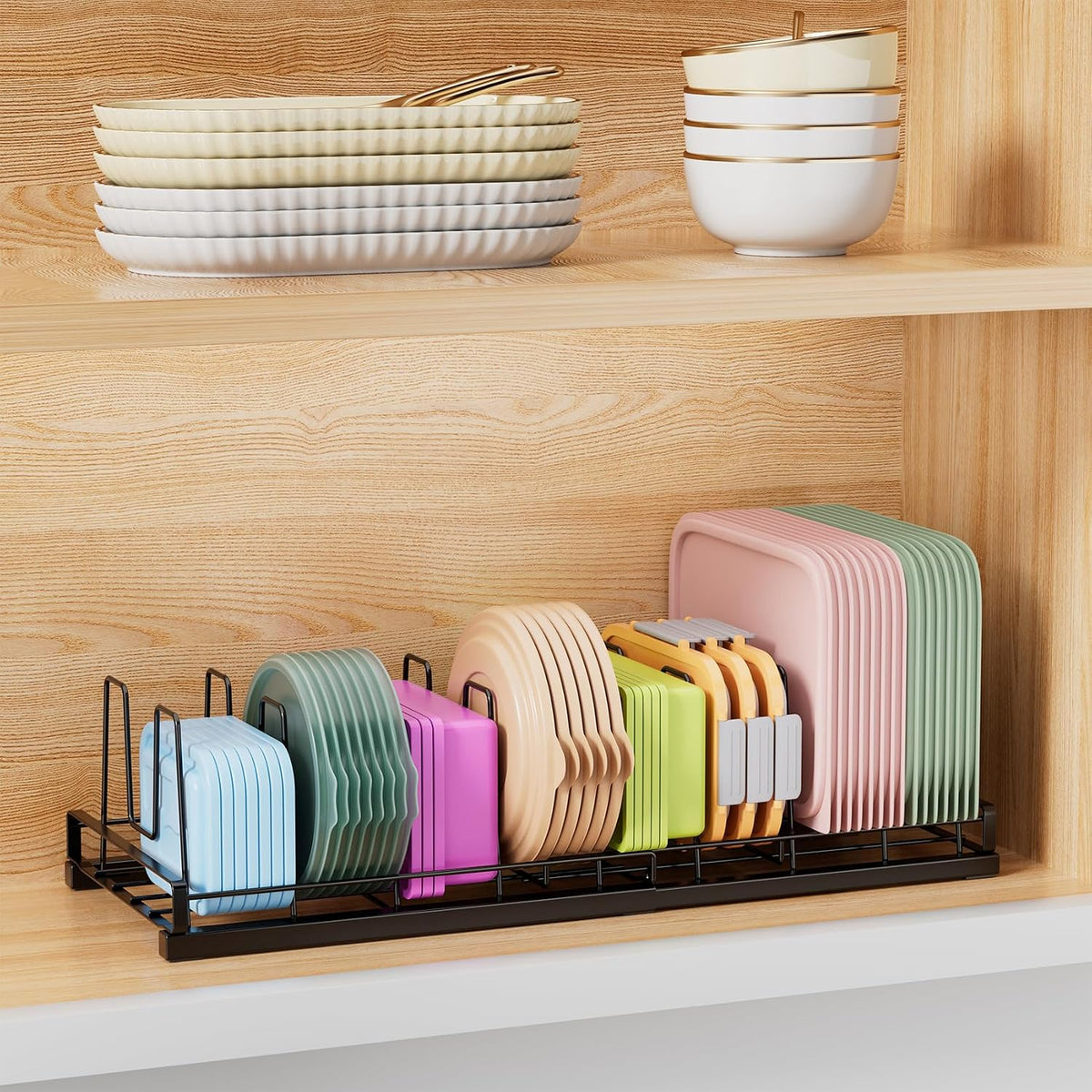 Expandable Food Container Lid Organizer with 9 Adjustable Dividers