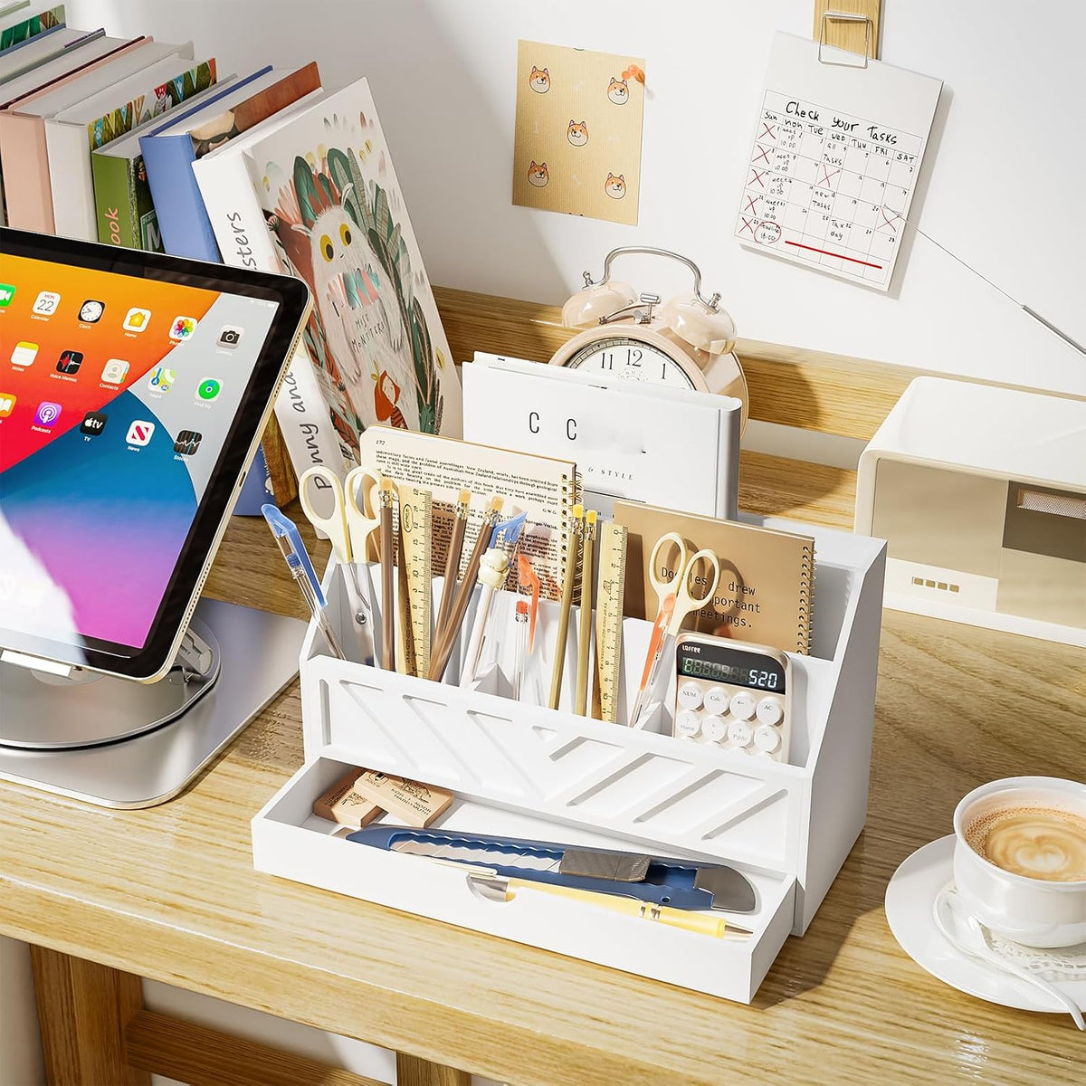 SRIWATANA White Wooden Desk Organizer & Mail Organizer with Drawer