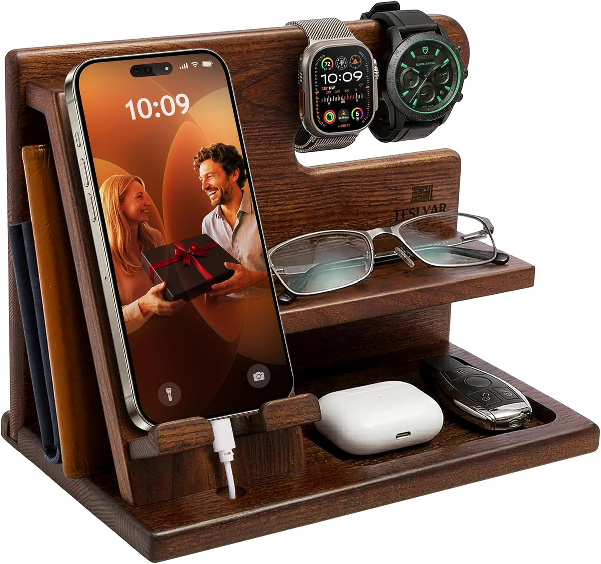 TESLYAR Wood Phone Docking Station for Men - Desktop or Nightstand Organizer ...