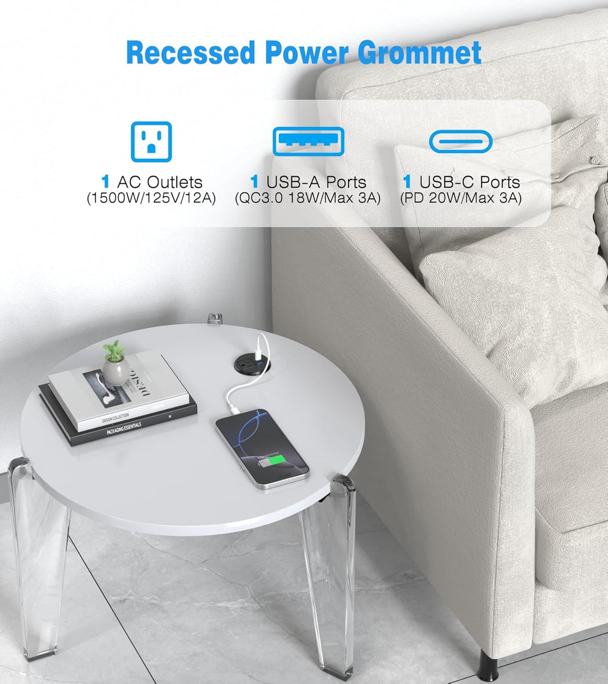 VILONG 2 Inch Recessed Power Grommet, Flush Mount, 20W USB-C Fast Charging