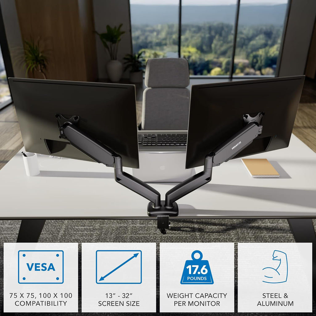 mount-it! dual monitor desk mount, 13-32", 17.6 lbs, close-up detail